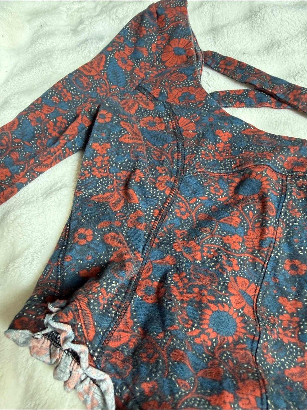 Free People Teal and Rust Floral Long Sleeve Cropped Top with Crossback - Picture 2 of 8